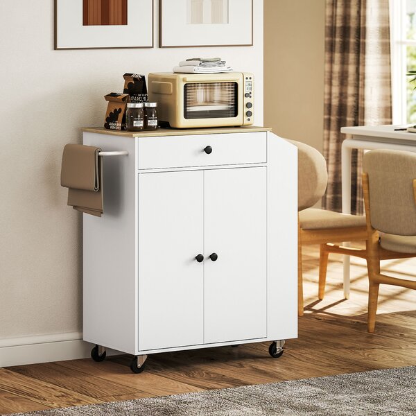 HOMCOM Carrello Cucina con Cassetto, Armadio, Scaffale per Spezie, Portasciugamani, 82 x 38 x 86,5 cm, Bianco/Quercia