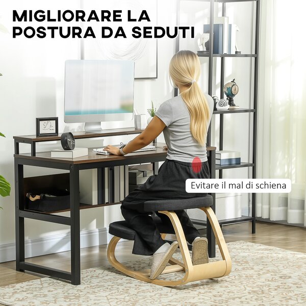 HOMCOM Sedia Inginocchiatoio con Movimento a Dondolo, in Tessuto Effetto Lino e Legno di Betulla, 50x73x55 cm, Nero