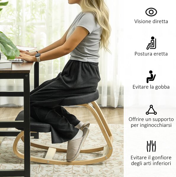 HOMCOM Sedia Inginocchiatoio con Movimento a Dondolo, in Tessuto Effetto Lino e Legno di Betulla, 50x73x55 cm, Nero