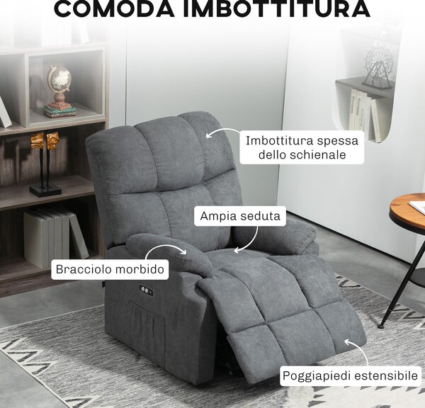 HOMCOM Poltrona Alzapersona Elettrica Reclinabile con Poggiapiedi e Telecomando, USB e spessa imbottitura, in Tessuto Lino, Grigio Scuro | Aosom Italy