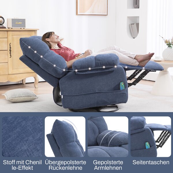 HOMCOM Poltrona massaggiante con funzione di calore e reclinabile, girevole, fino a 150 kg, telaio in metallo, 98x90x98cm, Blu