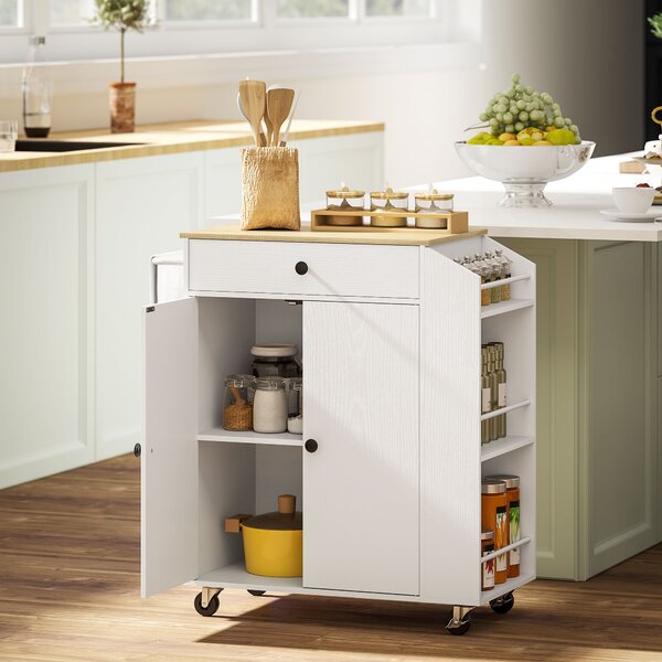 HOMCOM Carrello Cucina con Cassetto, Armadio, Scaffale per Spezie, Portasciugamani, 82 x 38 x 86,5 cm, Bianco/Quercia