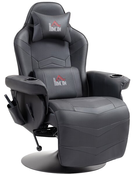 HOMCOM Poltrona da Gaming, Funzione Massaggiante, Schienale Inclinabile, Poggiapiedi, fino a 120 kg, Telaio in Acciaio, Ecopelle, Nero