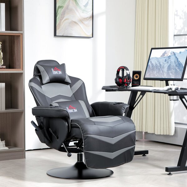 HOMCOM Poltrona da gioco con funzione massaggi, schienale inclinabile, poggiapiedi, fino a 120 kg, telaio in acciaio, similpelle, Grigio