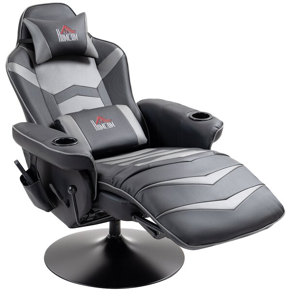 HOMCOM Poltrona da gioco con funzione massaggi, schienale inclinabile, poggiapiedi, fino a 120 kg, telaio in acciaio, similpelle, Grigio