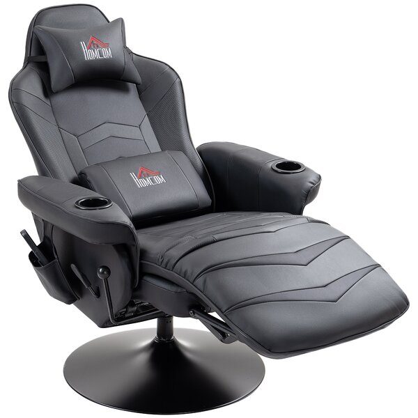 HOMCOM Poltrona da Gaming, Funzione Massaggiante, Schienale Inclinabile, Poggiapiedi, fino a 120 kg, Telaio in Acciaio, Ecopelle, Nero