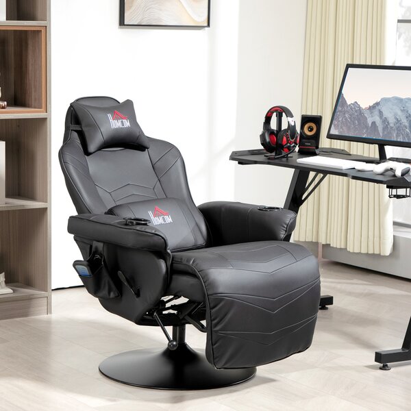 HOMCOM Poltrona da Gaming, Funzione Massaggiante, Schienale Inclinabile, Poggiapiedi, fino a 120 kg, Telaio in Acciaio, Ecopelle, Nero
