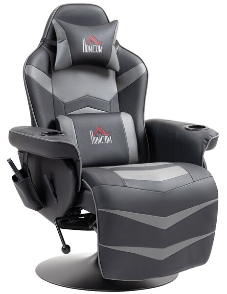 HOMCOM Poltrona da gioco con funzione massaggi, schienale inclinabile, poggiapiedi, fino a 120 kg, telaio in acciaio, similpelle, Grigio