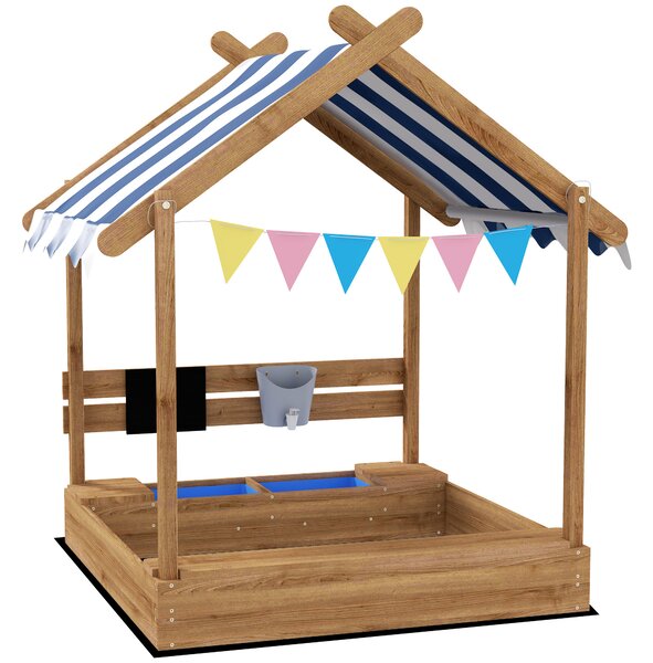 Outsunny Sandbox con Protezione Solare, Design Casa da Gioco, con Set di Giocattoli, Legno Massiccio Trattato, 124 x 116 x 146 cm, Marrone