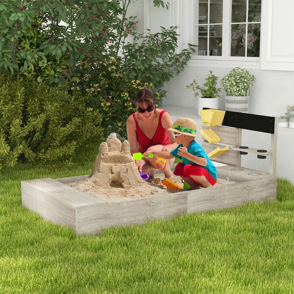 Outsunny Sandbox con stazione acqua, 2 vasi da giardino, legno massiccio trattato, 154 x 80 x 60cm, Grigio