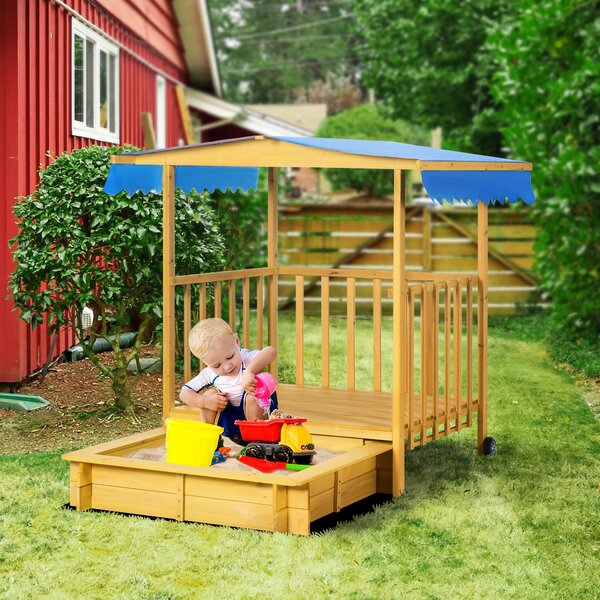 Outsunny Sandbox con casa da gioco Sandbox con tetto, 133 x 129 x 137,5 cm, Legno + Blu