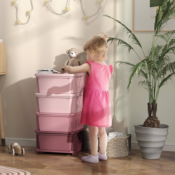 HOMCOM Contenitori per l'archiviazione dei bambini, 4 cassettiere, bordi arrotondati, design rialzato, 37x37x76 cm, Rosa