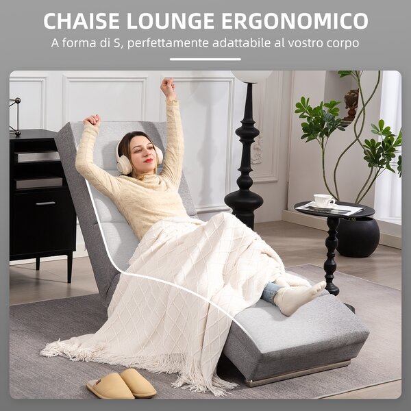 HOMCOM Chaise Longue Reclinabile con Schienale Alto, Imbottitura Spessa e Gambe in Metallo, Grigio Chiaro | Aosom Italy