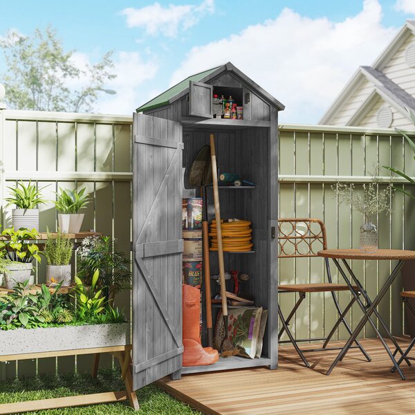 Outsunny Casetta da Giardino con 3 mensole rimovibili, Capanno Porta Attrezzi in Legno Impermeabile, 77x54.2x179 cm, Grigio | Aosom Italy