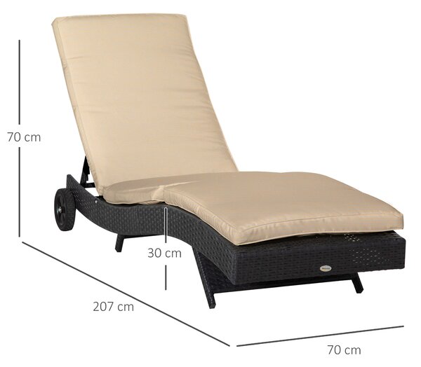 Outsunny Sdraio da Giardino in Rattan PE con Schienale Regolabile e Cuscino, 207x70x70cm, Nero|Aosom