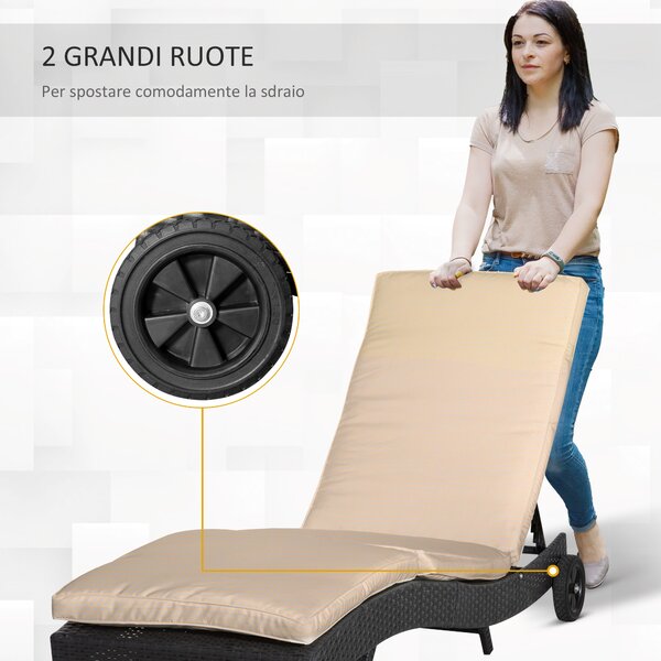 Outsunny Sdraio da Giardino in Rattan PE con Schienale Regolabile e Cuscino, 207x70x70cm, Nero|Aosom
