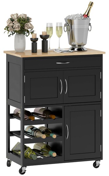 HOMCOM Carrello da Cucina con Ruote e Cassetti, 3 Ante e Portabottiglie Salvaspazio in Legno Multifunzione, 67x37x87cm, Nero e Rovere|Aosom Italy