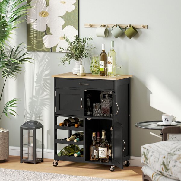 HOMCOM Carrello da Cucina con Ruote e Cassetti, 3 Ante e Portabottiglie Salvaspazio in Legno Multifunzione, 67x37x87cm, Nero e Rovere|Aosom Italy