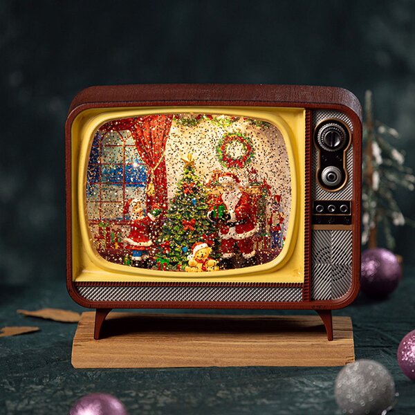 Televisore retrò luminoso natalizio casa di Babbo Natale musicale USB e Batteria Bianco Caldo Wisdom