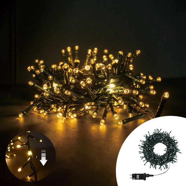 Catena di luci 9 metri da 540 Led Bianco Caldo fisso e intermittente scorrevole con cavo verde Wisdom
