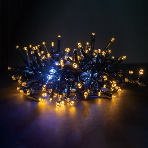 Catena di luci 9 metri da 540 Led Bianco Caldo fisso e Bianco Freddo intermittente scorrevole con cavo verde Wisdom