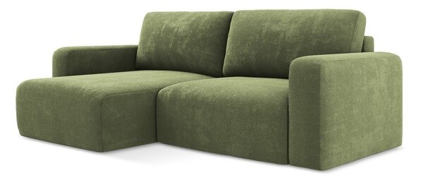 Divano angolare verde allungabile/con contenitore (con penisola a sinistra/con chaise lounge) con rivestimento in ciniglia Kona – Makamii
