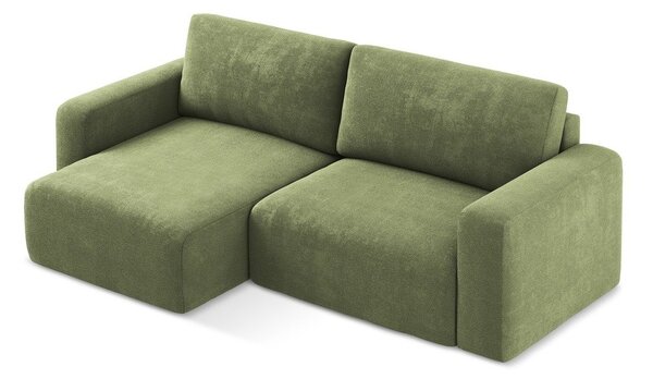 Divano angolare verde allungabile/con contenitore (con penisola a sinistra/con chaise lounge) con rivestimento in ciniglia Kona – Makamii