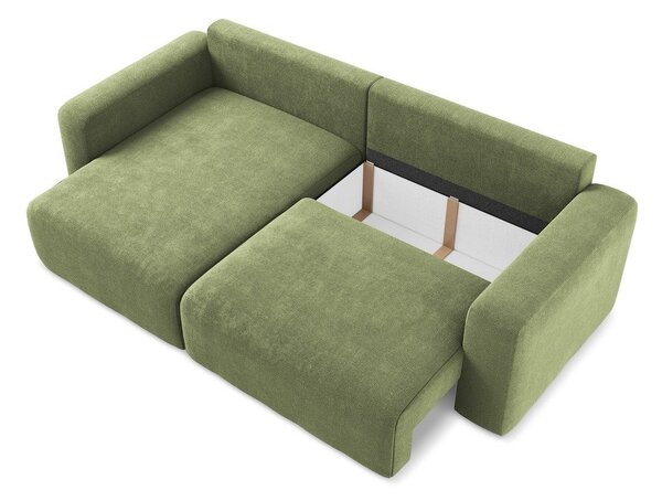 Divano angolare verde allungabile/con contenitore (con penisola a sinistra/con chaise lounge) con rivestimento in ciniglia Kona – Makamii