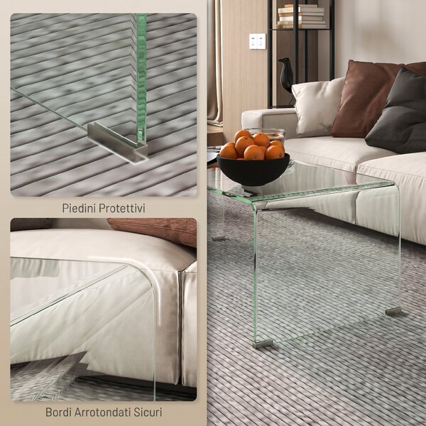 HOMCOM Tavolino in Vetro Temperato Moderno da Salotto con Design Monoblocco, 80x45x35 cm, Trasparente | Aosom Italy