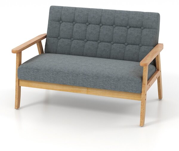 Costway Divano a 2 posti in lino con cuscini e struttura in legno di gomma con design trapuntato, Panchina imbottita Grigio