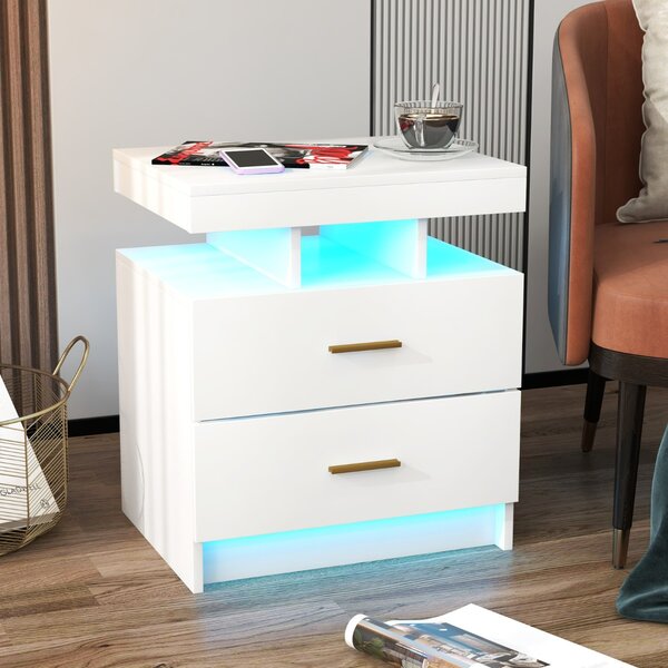 Costway Comodino a LED con luce regolabile e telecomando 2 cassetti, Tavolino moderno per camera da letto soggiorno Bianco