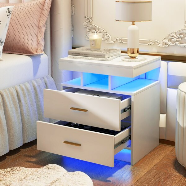 Costway Comodino a LED con luce regolabile e telecomando 2 cassetti, Tavolino moderno per camera da letto soggiorno Bianco
