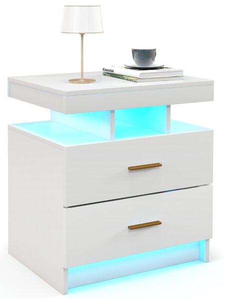Costway Comodino a LED con luce regolabile e telecomando 2 cassetti, Tavolino moderno per camera da letto soggiorno Bianco