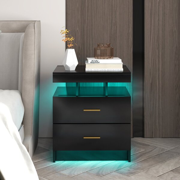 Costway Comodino a LED con luce regolabile e telecomando 2 cassetti, Tavolino moderno per camera da letto soggiorno Nero