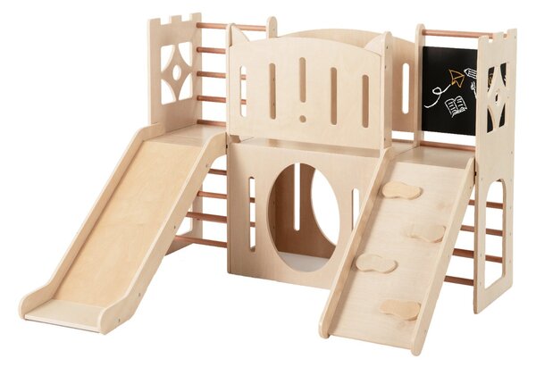 Costway Parco giochi in legno a tema castello con scivolo e fori per strisciare, Scivolo per bambini 8-in-1 con nascondigli Naturale