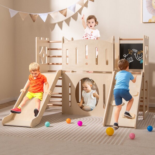 Costway Parco giochi in legno a tema castello con scivolo e fori per strisciare, Scivolo per bambini 8-in-1 con nascondigli Naturale