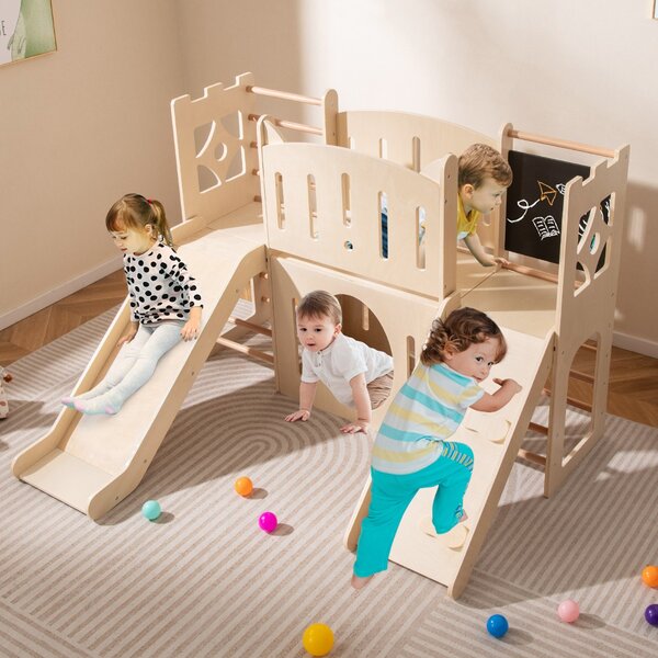 Costway Parco giochi in legno a tema castello con scivolo e fori per strisciare, Scivolo per bambini 8-in-1 con nascondigli Naturale