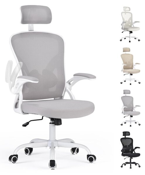 Sedia da ufficio ergonomica con braccioli, ruote, colore grigio e bianco