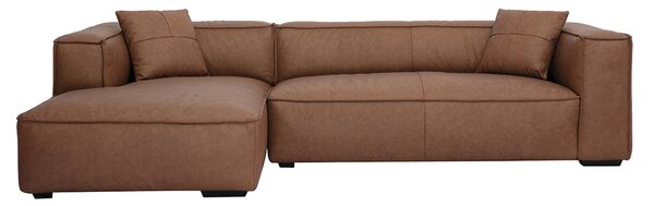 Divano ad angolo sinistro vintage 3-4 posti in pelle marrone e legno nero COBAIN