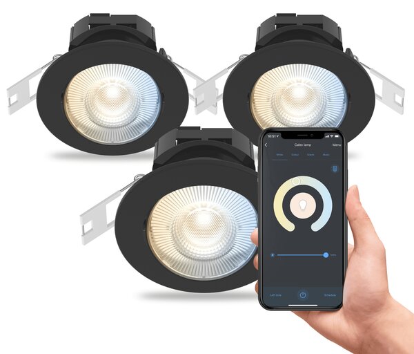 Faretto da incasso Calex Smart LED, nero, inclinabile, colori RGB e luce bianca da fredda a calda, dimmerabile, app WLAN e controllo vocale, confezione da 3 pz