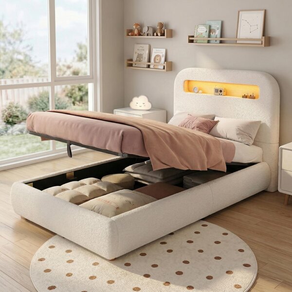 Letto imbottito STILVORA 90x200 cm con meccanismo idraulico e ampio vano contenitore, letto singolo con rete a doghe e illuminazione a LED, lettino per bambini con testiera e gambe in legno massello, bianco