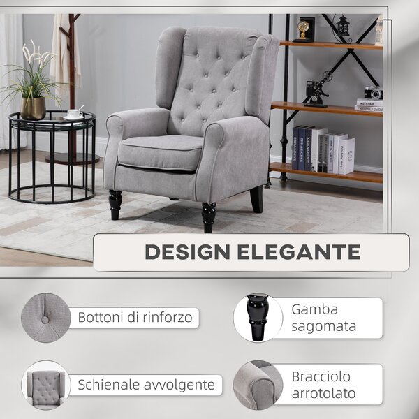 HOMCOM Sedia Accogliente in Tessuto Grigio, Stile Francese, Seduta Spaziosa, Piedi in Legno, Cuscini Rimovibili, per Soggiorno e Ufficio | Aosom Italy