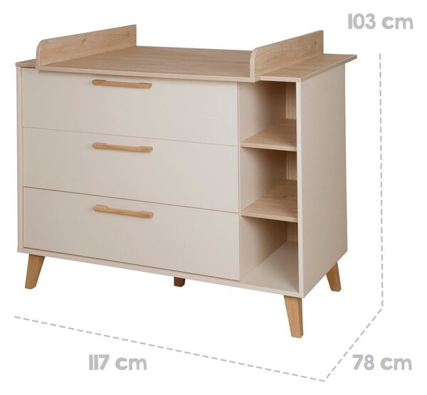 Cassettiera per bambini color crema/di colore naturale con effetto rovere con fasciatoio 117x103x78 cm Jil – Roba