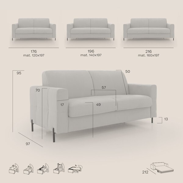 Ortensia divano letto materasso H18 cm con piedi alti in elegante micr