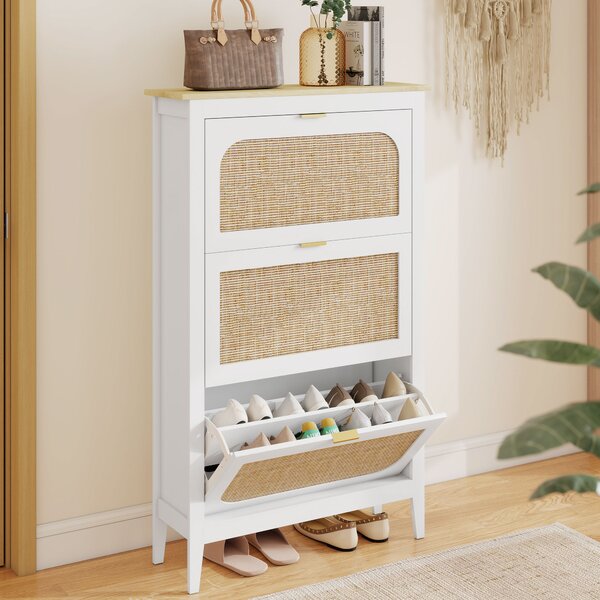 HOMCOM Mobile porta scarpe 21 paia bohémien con 3 cassetti ribaltabili, porte effetto cannage in rattan, 80 x 24 x 131 cm, bianco | Aosom Italy