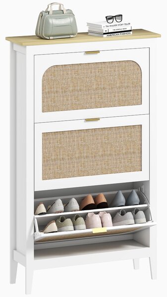 HOMCOM Mobile porta scarpe 21 paia bohémien con 3 cassetti ribaltabili, porte effetto cannage in rattan, 80 x 24 x 131 cm, bianco | Aosom Italy