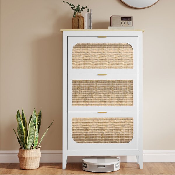 HOMCOM Mobile porta scarpe 21 paia bohémien con 3 cassetti ribaltabili, porte effetto cannage in rattan, 80 x 24 x 131 cm, bianco | Aosom Italy