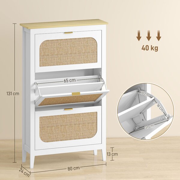 HOMCOM Mobile porta scarpe 21 paia bohémien con 3 cassetti ribaltabili, porte effetto cannage in rattan, 80 x 24 x 131 cm, bianco | Aosom Italy