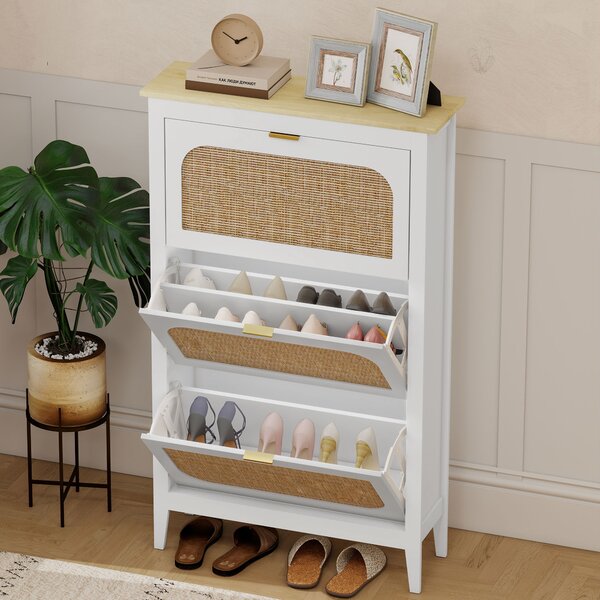 HOMCOM Mobile porta scarpe 21 paia bohémien con 3 cassetti ribaltabili, porte effetto cannage in rattan, 80 x 24 x 131 cm, bianco | Aosom Italy