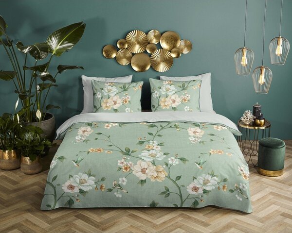 Set copripiumino e federa verde in raso di cotone per letto singolo ed esteso 140x220 cm Sizena – Descanso